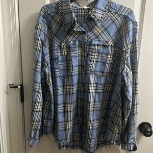 POL Blue & Tan Plaid Distressed Shacket with Brass Metal Accents